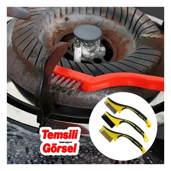 Plastik Saplı Metal Çok Amaçlı Temizleme Fırçası 3'lü Set Tel Fırça Kir Pas Kireç Mangal Izgara - Görsel 6
