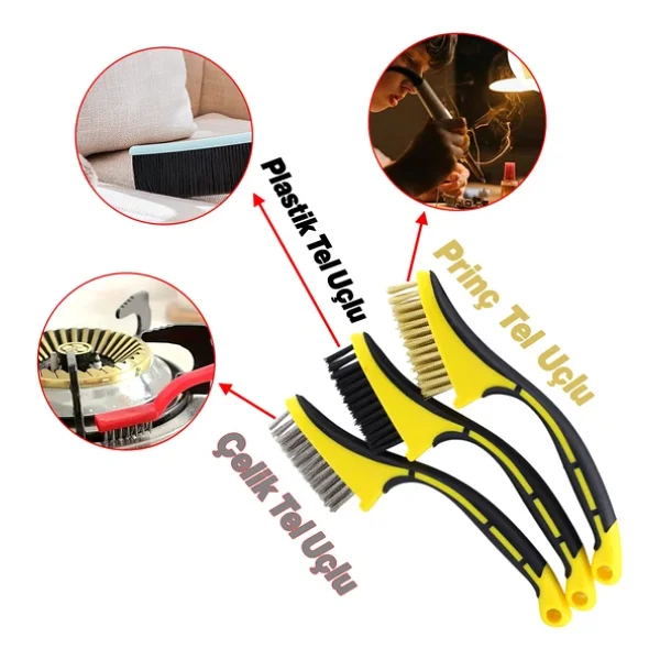 Plastik Saplı Metal Çok Amaçlı Temizleme Fırçası 3'lü Set Tel Fırça Kir Pas Kireç Mangal Izgara - Görsel 4