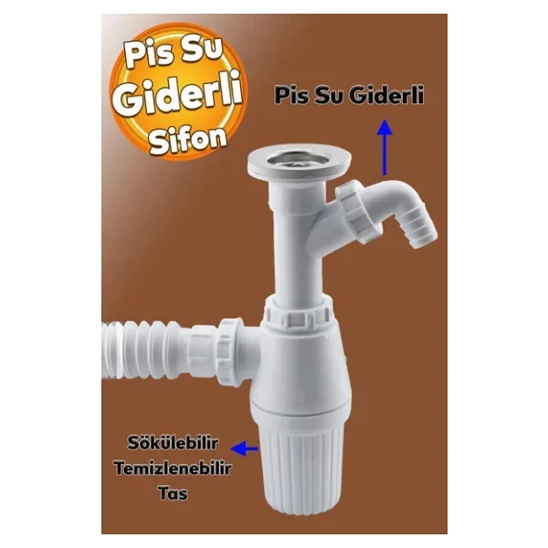 Gama Sökülebilir Pis Su Giderli Tas'lı Çift Lavabo Gideri Evye Sifonu Körüklü Mutfak Banyo Borusu - Görsel 5