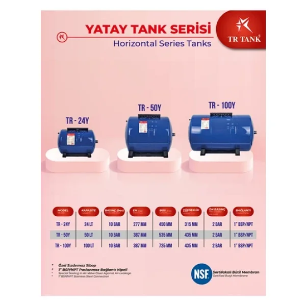 Watermelon Trtank Profesyonel 100 Litre Yatay Ayaklı Nsf Membranlı Hidrofor Genleşme Tankı - Görsel 4