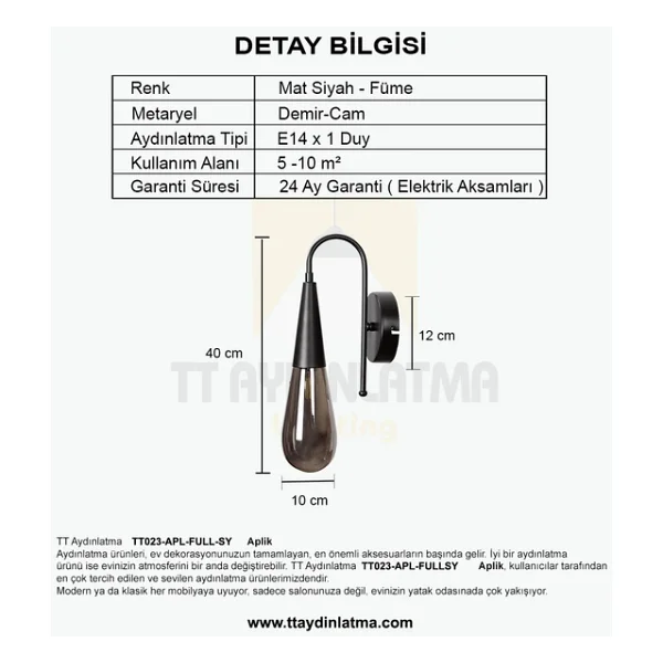 Tt023-Apl-Fullsy Tt Aydınlatma Damla Modeli Full Siyah Tekli Aplik - Görsel 4
