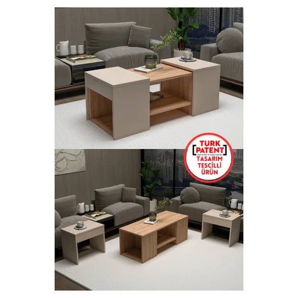 Arnetti Sartos 3'lü Zigonlu Modern Orta Sehpa Salon Sehpası, Atlantik Çam Bej - Sartos - Görsel 3