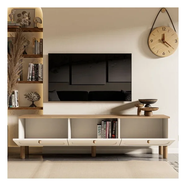Mezza 1280 Monza 180 Cm Bohem TV Ünitesi Fiyat Performans Mdf Membran Kapaklı Meşe-Beyaz - Görsel 8