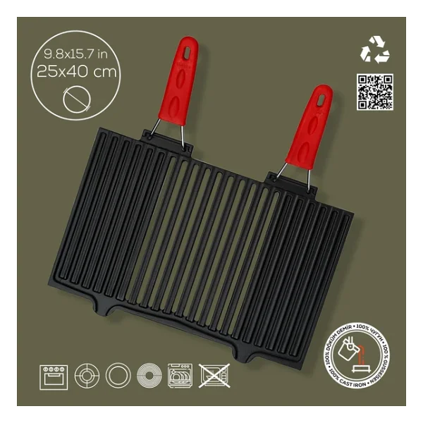Lava Kırmızı Silikon Kulplu 40x25 Cm Döküm Mangal Izgarası - Görsel 4