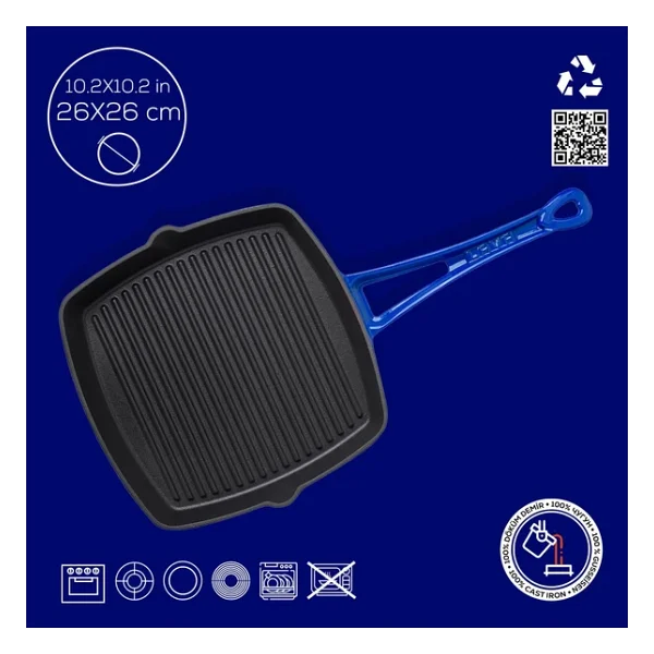 Lava Metal Saplı 26x26 Cm Döküm Mavi Izgara Tava - Görsel 8