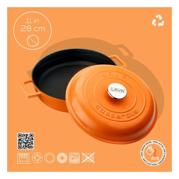 Lava Spring Kubbe Kapaklı Turuncu 28 Cm Çok Amaçlı Yayvan Döküm Tencere - Görsel 8