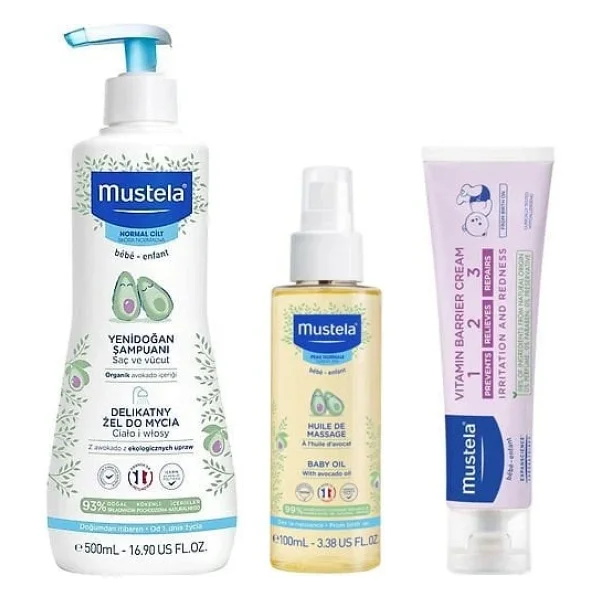 Mustela Bebek Günlük Seti ( Şampuan Pişik Krem Masaj Yağı)
