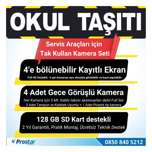 Kayıtlı Okul Ve Servis Taşıtları 4 Lü Kamera 7 Inç Monitör Full Set 256 GB Sd Kart Desteği - Görsel 6