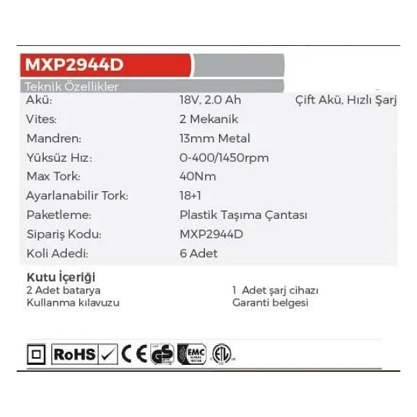 Max Extra Mxp2944d 18 V 2 Ah Çift Akülü Darbeli Matkap - Görsel 6