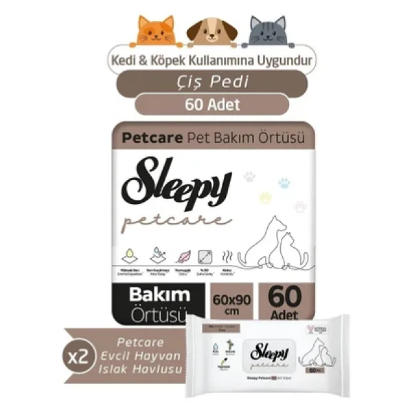 Sleepy 30'lu Pet Bakım Örtüsü X 2, 60'lı Evcil Hayvan Islak Havlusu X 2 Adet - Görsel 3