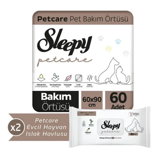 Sleepy 30'lu Pet Bakım Örtüsü X 2, 60'lı Evcil Hayvan Islak Havlusu X 2 Adet - Görsel 4