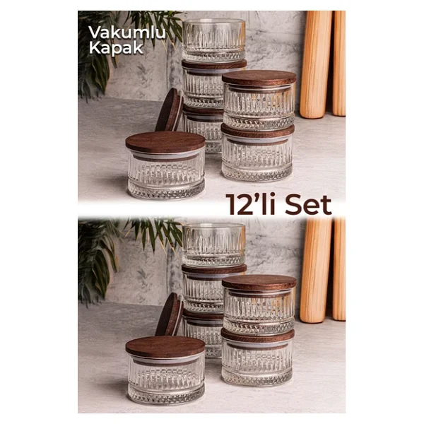Snippy Bella 12'li Ahşap Vakumlu Kapaklı Cam Kahvaltılık Çok Amaçlı Cam Çerezlik 235 Ml - Görsel 3