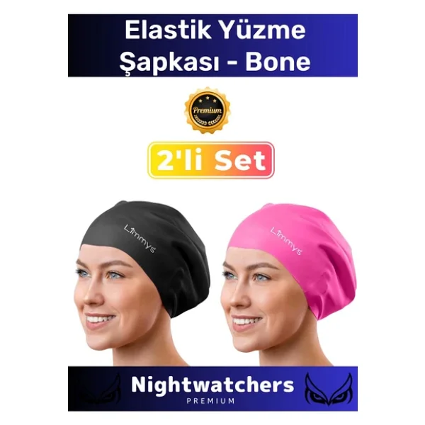 Deluxe Su Geçirmez Sızdırmaz Renkli Silikon Yüzücü Havuz Deniz Bone Elastik Yüzme Şapkası 2'li Set - Görsel 3