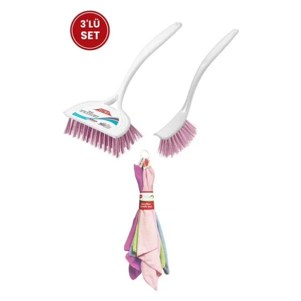Flora 3 Lü Temizlik Seti, F367 Bulaşık Fırçası + F388 Lavabo Küvet Fırçası + F222 Mikrofiber Bez Seti - Görsel 2