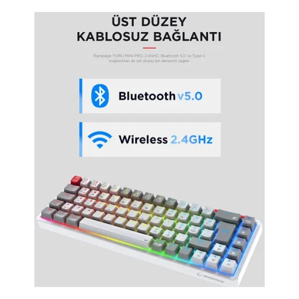 Rampage Yoru Mini Pro RGB Tkl Red Switch Kablolu/Kablosuz Mekanik Oyuncu Klavyesi - Görsel 2