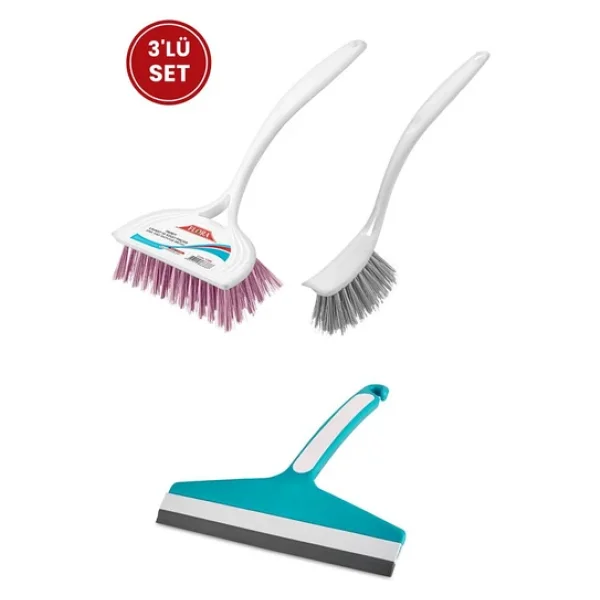 Flora 3 Lü Trendy Temizlik Seti, F367 Bulaşık Fırçası + F388 Lavabo Küvet Fırçası + F009 Camsil Seti - Görsel 2