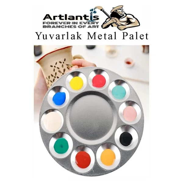 Yuvarlak Metal Palet 2 Adet Metal Boya Paleti 10 Hazneli 17 Cm Paslanmaz Resim Boyama Paleti Fırça Hediyeli - Görsel 5