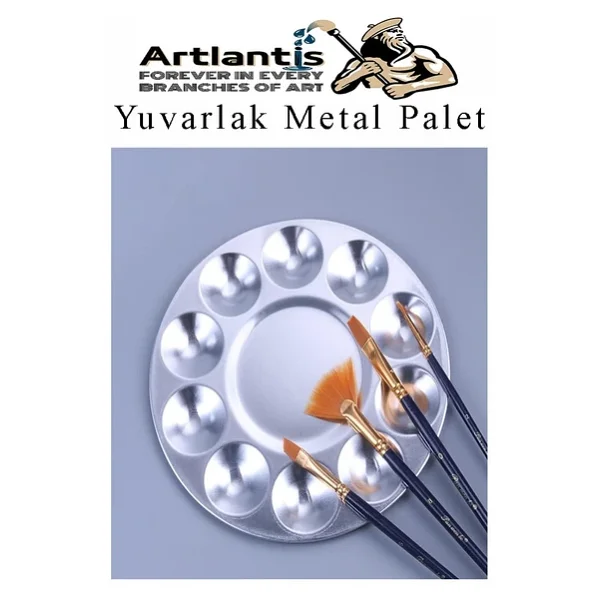Yuvarlak Metal Palet 2 Adet Metal Boya Paleti 10 Hazneli 17 Cm Paslanmaz Resim Boyama Paleti Fırça Hediyeli - Görsel 6