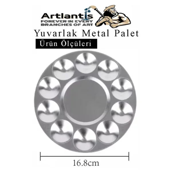 Yuvarlak Metal Palet 2 Adet Metal Boya Paleti 10 Hazneli 17 Cm Paslanmaz Resim Boyama Paleti Fırça Hediyeli - Görsel 4