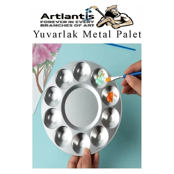 Yuvarlak Metal Palet 2 Adet Metal Boya Paleti 10 Hazneli 17 Cm Paslanmaz Resim Boyama Paleti Fırça Hediyeli - Görsel 3