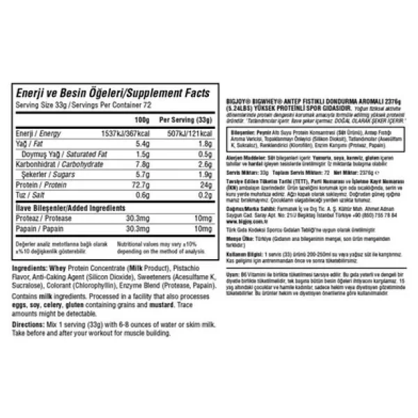 Bigjoy Bigwhey Classic 2376 Gr Antep Fıstıklı Dondurma Aromalı Whey Protein Tozu - Görsel 9