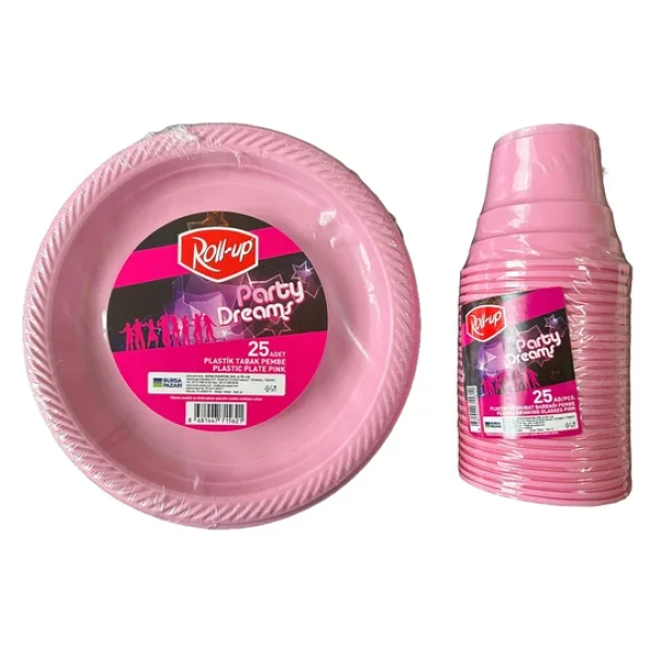 Piknik Davet Doğum Günü Omeyva Sofra Seti - 25 Kişilik Pembe Tabak Bardak Çatal Takımı - Görsel 4