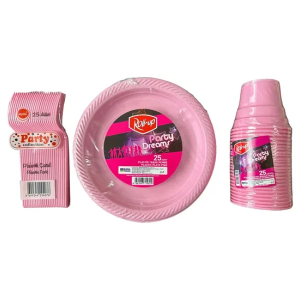 Piknik Davet Doğum Günü Omeyva Sofra Seti - 25 Kişilik Pembe Tabak Bardak Çatal Takımı - Görsel 3