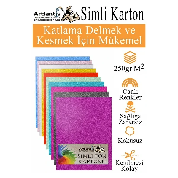 Simli Karton A4 20x30 Cm 10 Renk 1 Paket 10 Lu Simli Karton Parıltılı Kağıt Anasınıfı Kreş Etkinlik Proje Dekoratif - Görsel 5
