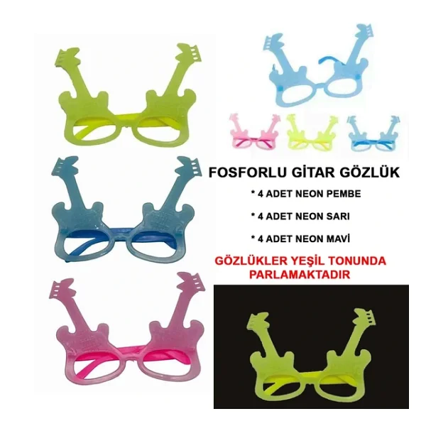 Fosforlu Gitar Model Glow Parti Gozlugu Karanlikta Yanan Gozlukler 12 Adet - Görsel 3
