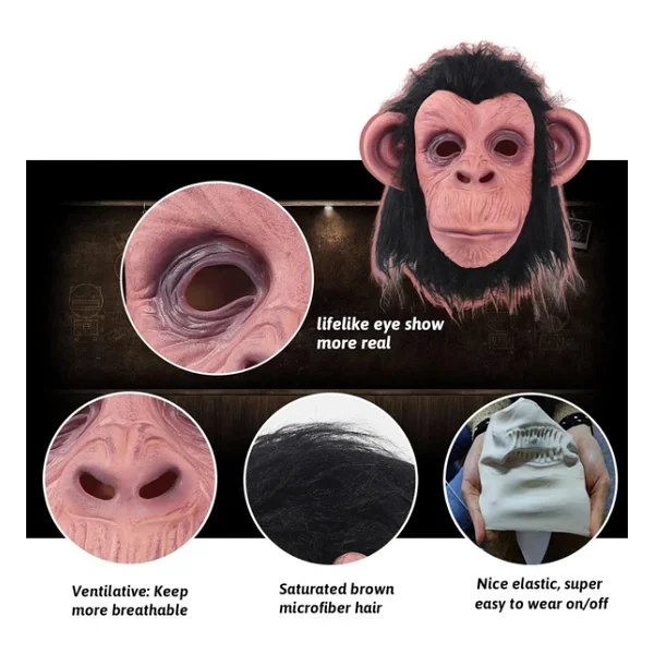 Siyah Sacli Kafaya Tam Gecmeli Lateks Sempanze Maskesi - Lateks Maymun Orangutan Goril Maske Et Maske - Görsel 4