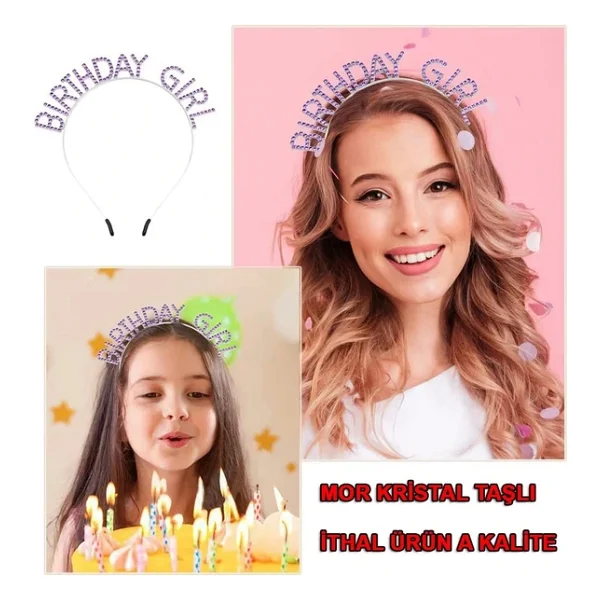 Mor Renk Kristal Taşlı Parlak Birthday Girl Yazılı Taç 16x17 Cm - Görsel 2