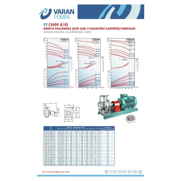 Varan CY 50-32-200/5.5T Paslanmaz Santrifüj Pompa 7.5 HP / 5.5 kW, Trifaze 380 V, 62 Mss (AISI 316) - Görsel 6
