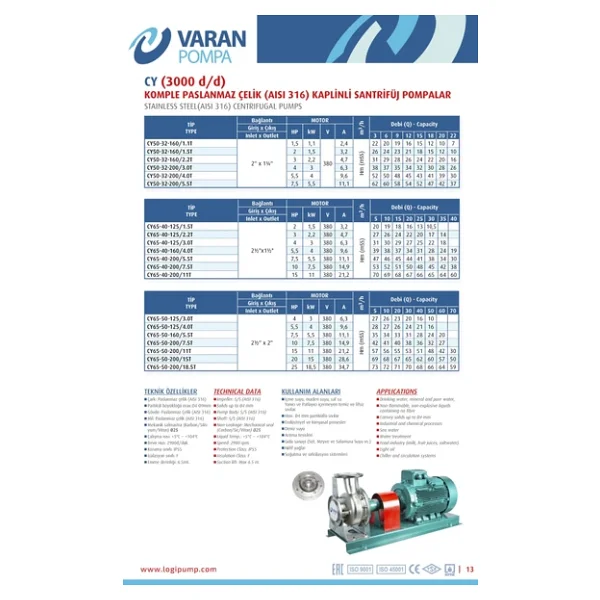 Varan CY 50-32-200/5.5T Paslanmaz Santrifüj Pompa 7.5 HP / 5.5 kW, Trifaze 380 V, 62 Mss (AISI 316) - Görsel 5
