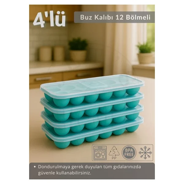 4'lü Set Buz Kalıbı 12 Bölmeli Esnek Silikon Buz Küpü Bpa Free Kare Bas Parmak Buzluk Çapı 3,5 Cm Mavi - Görsel 3