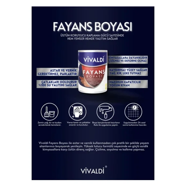 Vivaldi Fayans Boyası - Astar Ve Vernik Gerektirmeyen Boya - Sınırsız Renk 1 Kg Kiremittaşı - Görsel 3