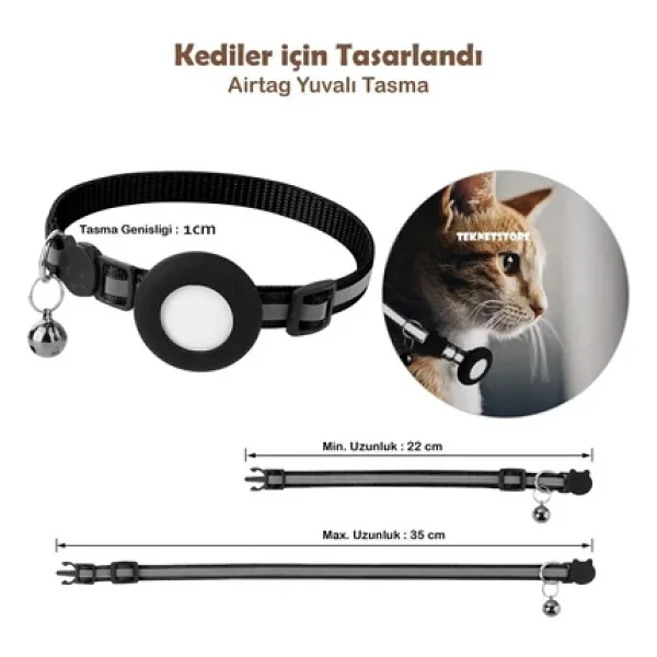 Takip Cihazı Ve Airtag Yuvalı Kedi Tasması 2'li Set Ios Uyumlu Boyun Tasması GPS Siyah - Görsel 4