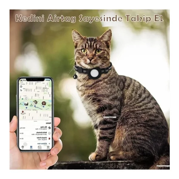 Takip Cihazı Ve Airtag Yuvalı Kedi Tasması 2'li Set Ios Uyumlu Boyun Tasması GPS Siyah - Görsel 6