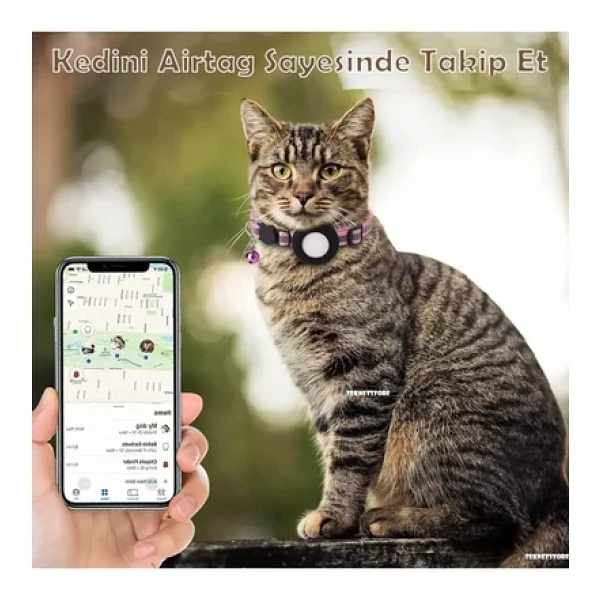 Takip Cihazı Ve Airtag Yuvalı Kedi Tasması 2'li Set Ios Uyumlu Boyun Tasması GPS Pembe - Görsel 5