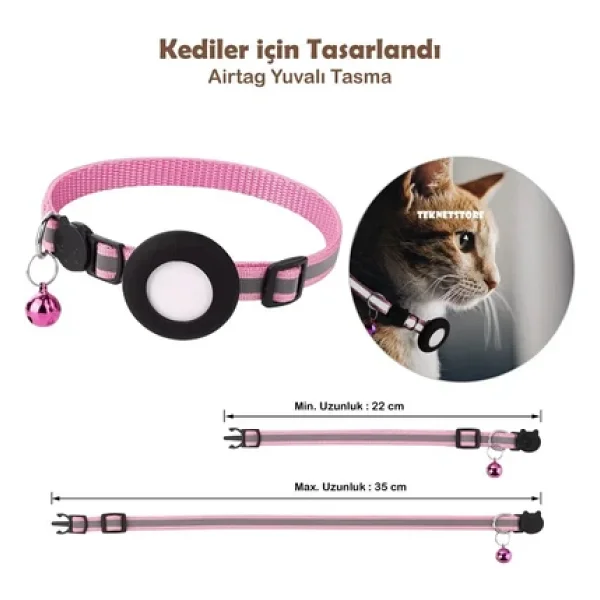 Takip Cihazı Ve Airtag Yuvalı Kedi Tasması 2'li Set Ios Uyumlu Boyun Tasması GPS Pembe - Görsel 3