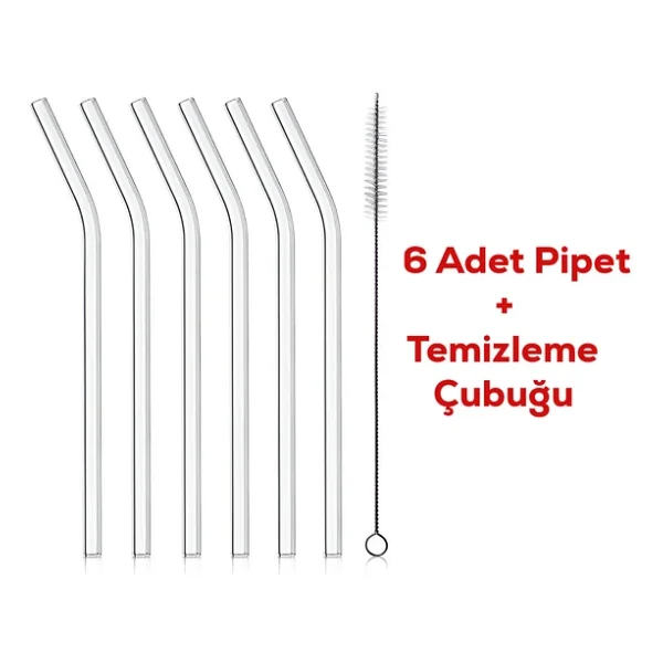 Perotti Straw 6'lı Şeffaf Cam Eğimli Isıya Dayanıklı (Borosilikat) Pipet Ve 1 Adet Pipet Temizleme Fırçası - Görsel 5