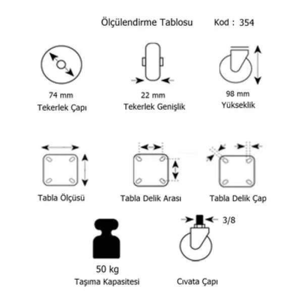 Hts 354- Döner 3/8 Vidalı Frenli Mobilya Tekeri Çap : 74 Mm 4 Ad. - Görsel 2