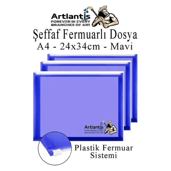 A4 Şeffaf Fermuarlı Dosya Mavi 3 Adet Pvc Fermuarlı Evrak Dosyası 24x34cm Çıtçıtlı Belge Evrak Dosyası Ofis Büro Okul - Görsel 3