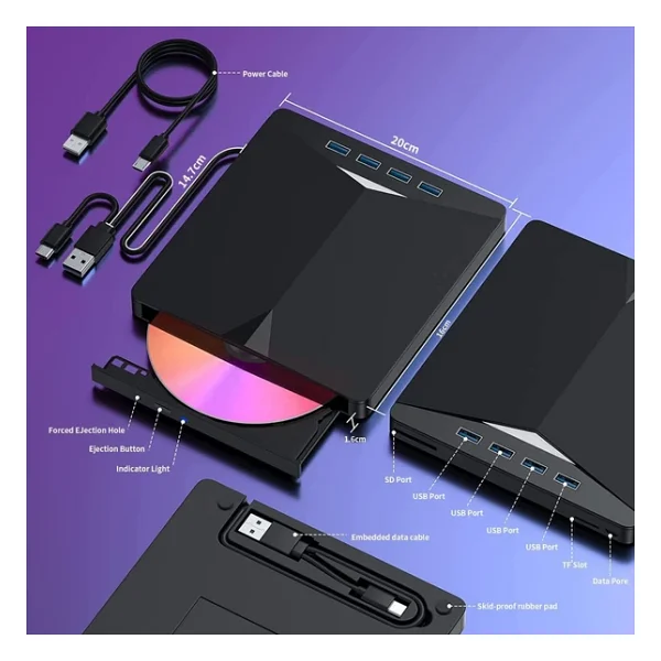 Valkyrie Harici CD DVD Rom Yazıcı Okuyucu USB 3.0 Hub Çoğaltıcı Tf Sd Kart Okuyucu 7in1 - Görsel 6