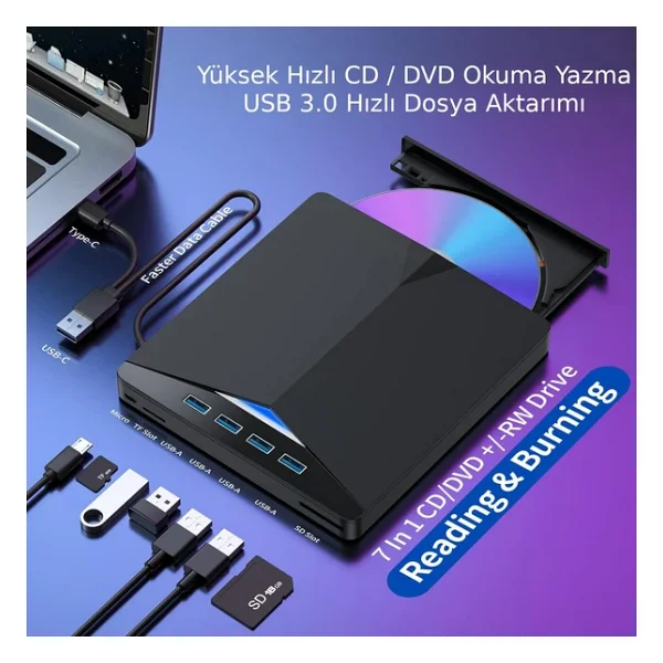 Valkyrie Harici CD DVD Rom Yazıcı Okuyucu USB 3.0 Hub Çoğaltıcı Tf Sd Kart Okuyucu 7in1 - Görsel 9