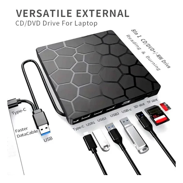 Valkyrie 8in1 Harici CD DVD Okuma Yazma USB 3.0 Hub Çok Amaçlı External Drive Tf Sd Kart Okuyucu - Görsel 9