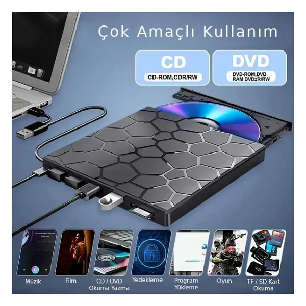 Valkyrie 8in1 Harici CD DVD Okuma Yazma USB 3.0 Hub Çok Amaçlı External Drive Tf Sd Kart Okuyucu - Görsel 4