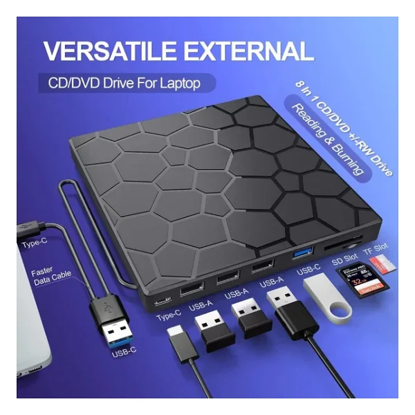 Valkyrie 8in1 Harici CD DVD Okuma Yazma USB 3.0 Hub Çok Amaçlı External Drive Tf Sd Kart Okuyucu - Görsel 6