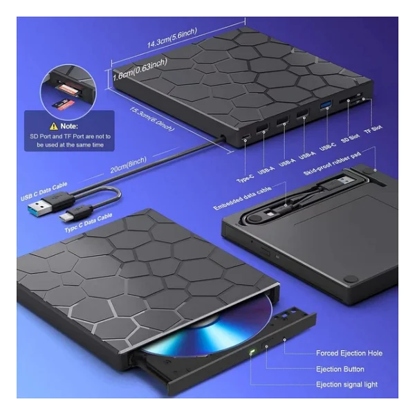 Valkyrie 8in1 Harici CD DVD Okuma Yazma USB 3.0 Hub Çok Amaçlı External Drive Tf Sd Kart Okuyucu - Görsel 8
