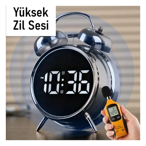 Valkyrie LED Ekranlı Analog Alarmlı Masa Saati Çalar Saat Pil Dereceli Çift Alarmlı Dijital Saat Gümüş - Görsel 4