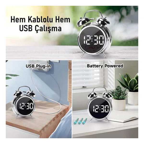 Valkyrie LED Ekranlı Analog Alarmlı Masa Saati Çalar Saat Pil Dereceli Çift Alarmlı Dijital Saat Gümüş - Görsel 9